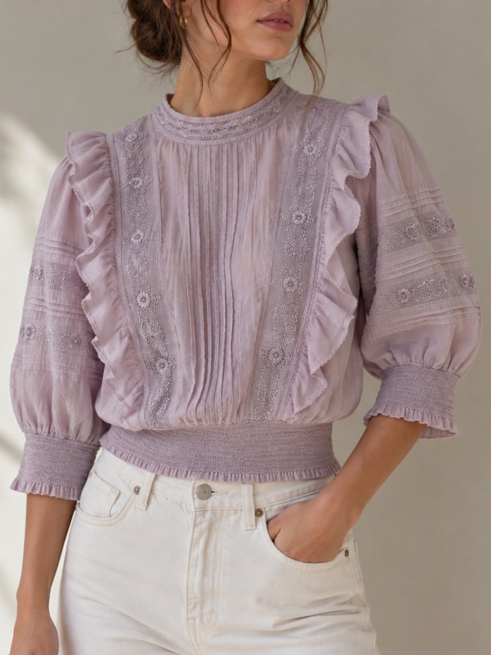 Aritzia Sunday Best Tea Blouse Edwardian Victorian Ruffle Lace Hazy Lilac XXS